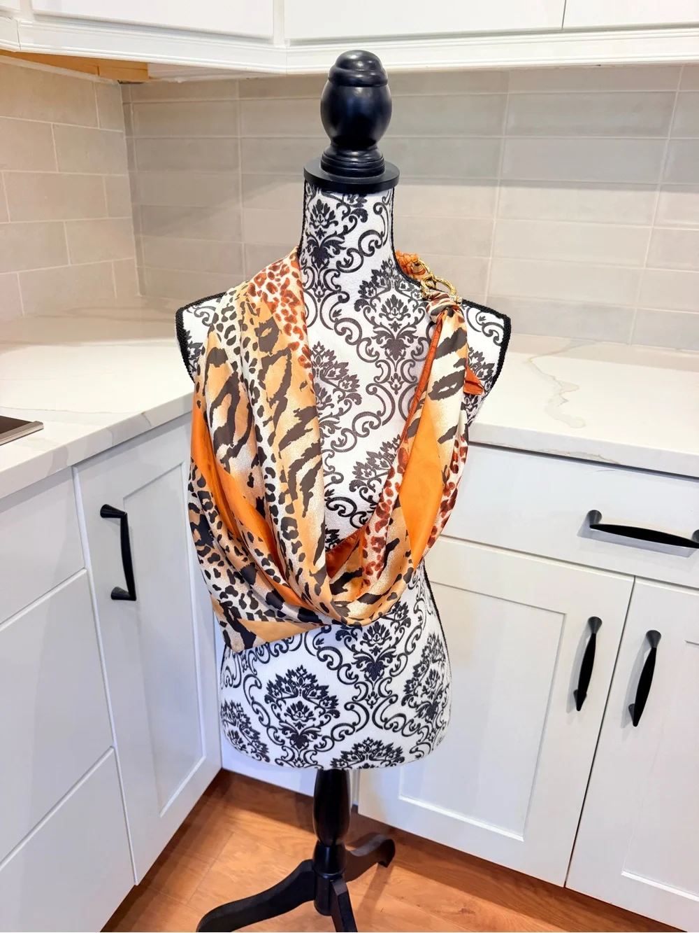 Animal Print Scarf Necklace Orange Stone Beads Gold Tone Statement Jewelry